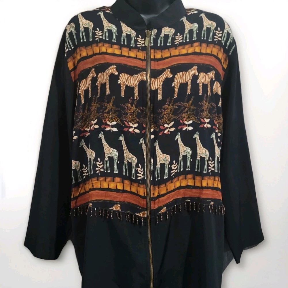 Vintage Safari Animal Print Top Zebra Giraffe 1X Full Zip Beaded Maggie Barnes